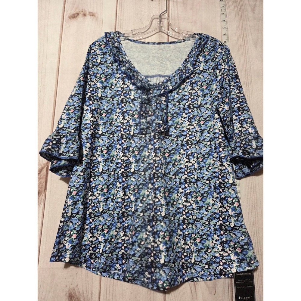 Ivicoer Blue Floral Ruffle V-Neck Bell Sleeve Blouse‎ Top Large NEW
